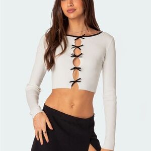 Edikted Billy Bow Cut Out Ribbed Crop Top XS